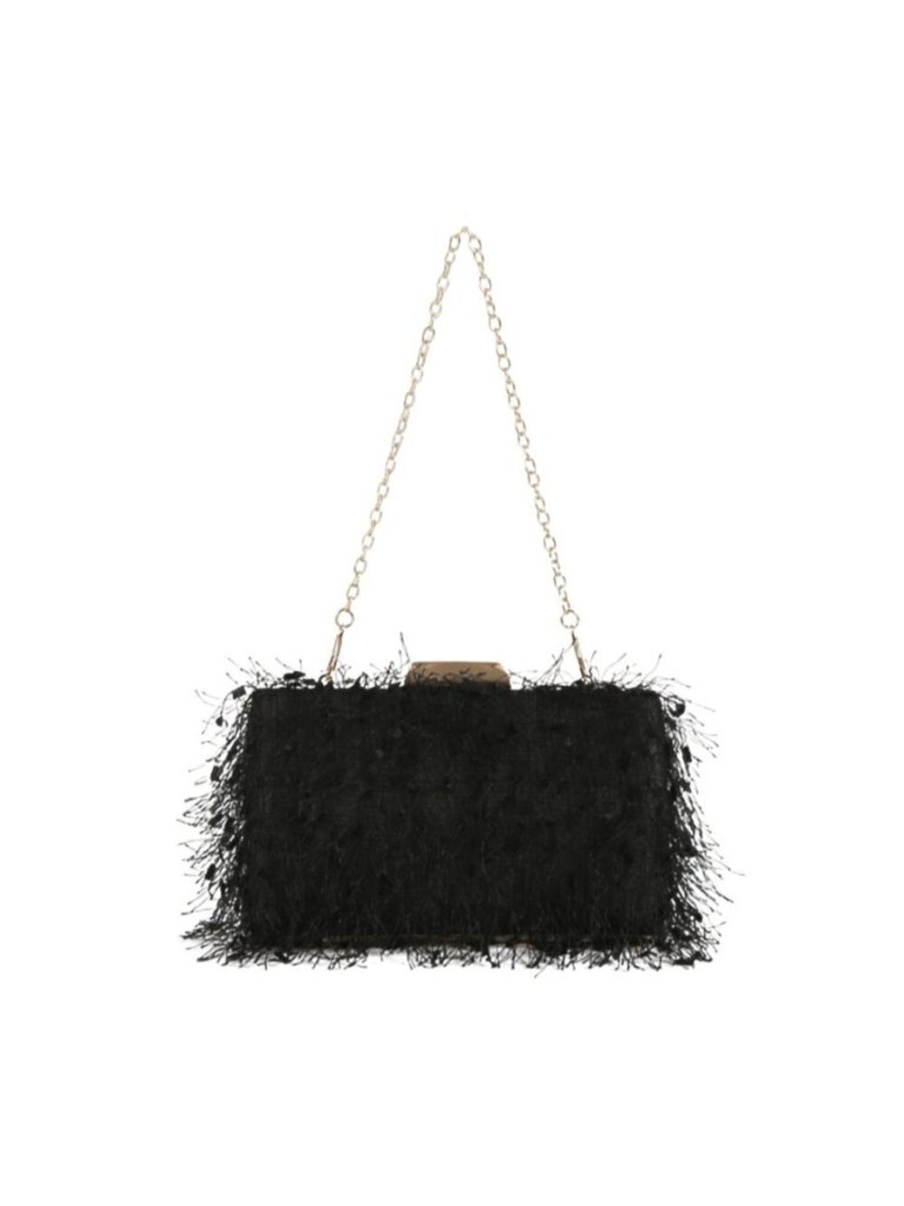 Black Fringe Statement Clutch Bag with Gold Chain Strap